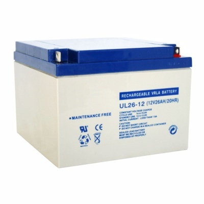 Bateria recarregável VRLA UL26-12 branca com tampa azul e texto azul