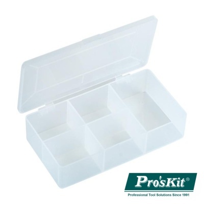 Caixa de armazenamento plástica translúcida com compartimentos e tampa aberta