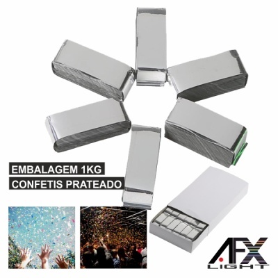 Pacotes de confetes prateados embalados e texto informativo