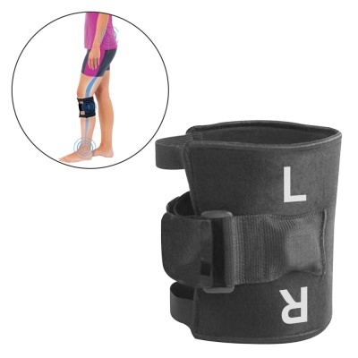 Suporte ortopédico preto para joelho com fecho em velcro e letras L e R