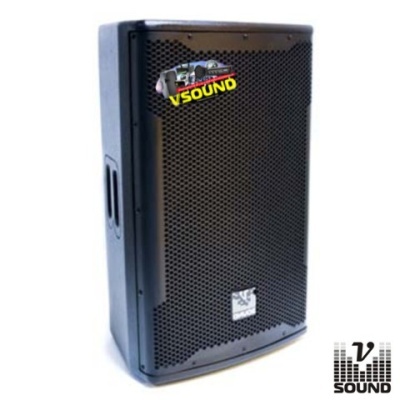 Coluna de som preta VSound com grelha perfurada e alças laterais