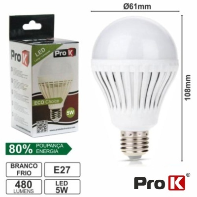 Lâmpada LED Pro K branca fria 5W E27 com embalagem