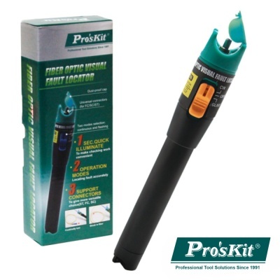 Localizador de falhas ópticas Pro'sKit preto e verde com embalagem ao lado