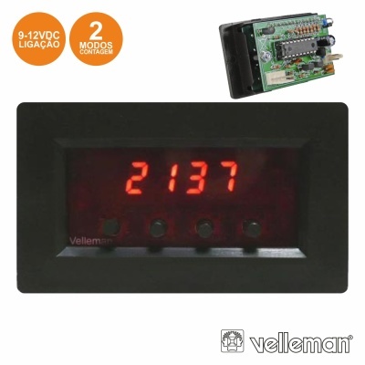 Contador digital Velleman com ecrã LED vermelho e três botões em caixa preta