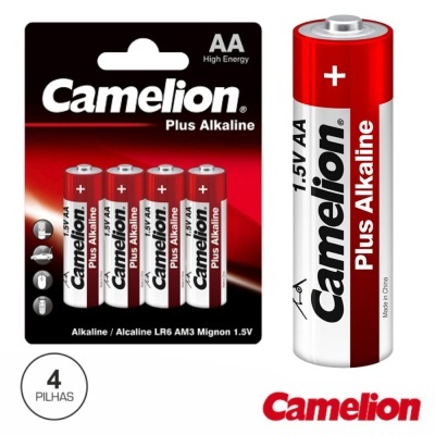 Pacote de 4 pilhas AA Camelion Plus Alkaline com embalagem preta e vermelha
