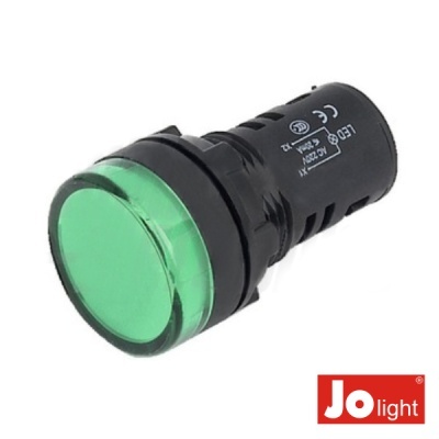 Botão luminoso verde com corpo preto e logo Jolight