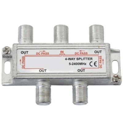 Divisor de sinal coaxial metálico 4 vias com conectores F e etiqueta branca