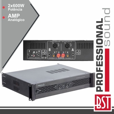Amplificador de som profissional BST com potências 2x600W e conexões traseiras.