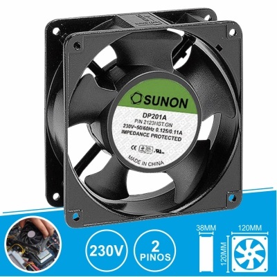 Ventoinha SUNON preta 120x120x38mm com etiqueta circular no centro