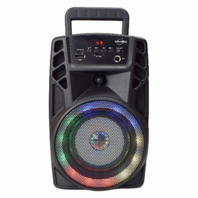 Coluna de som portátil preta com luzes LED coloridas e painel de controle superior