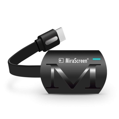 Adaptador MiraScreen preto com cabo USB-C e texto MiraScreen