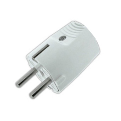 Adaptador elétrico branco com duas pegas metálicas cilíndricas