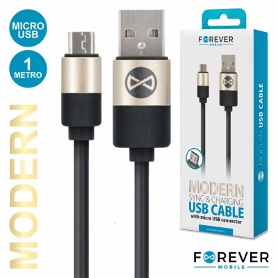 Cabo USB e micro USB preto com conectores metalizados e embalagem da FOREVER MOBILE