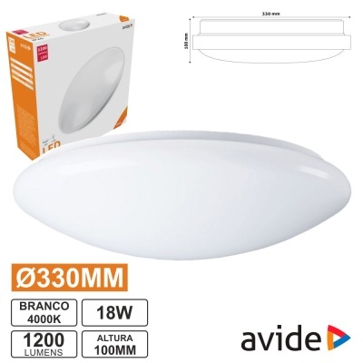 Plafon LED branco avide Ø330 mm 18W 1200 lumens 4000K