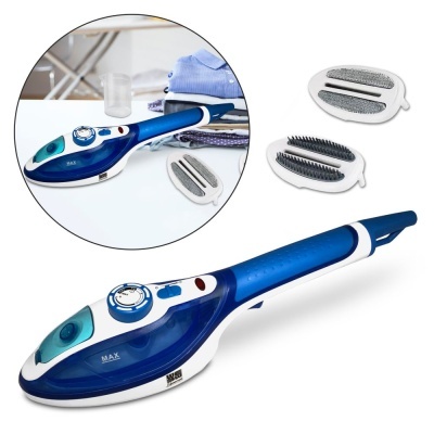Ferro a vapor azul e branco com escovas intercambiáveis e botão de controlo em fundo branco