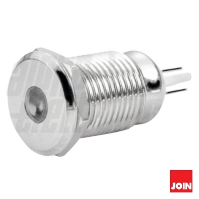 Peça metálica cilíndrica prateada com dois pinos e lente central