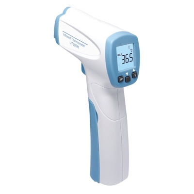 Termómetro digital infravermelho branco e azul com ecrã LCD a mostrar 36.5 °C