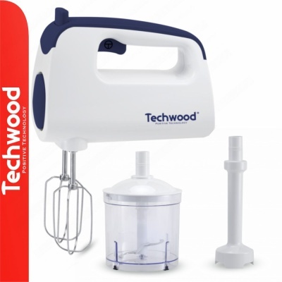 Batedeira portátil Techwood branca com detalhes em azul e acessórios