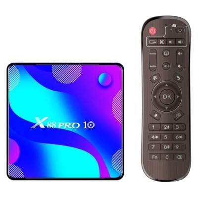 Dispositivo quadrado colorido X88 PRO 10 e comando remoto castanho