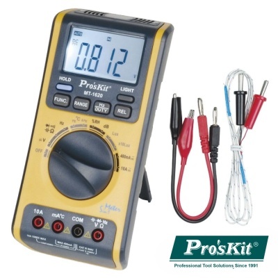 Multímetro digital Pro'sKit MT-1620 amarelo e preto com cabos de teste e termopar