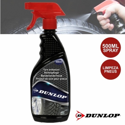 Spray negro Dunlop para pneus com tampa vermelha e texto multilingue