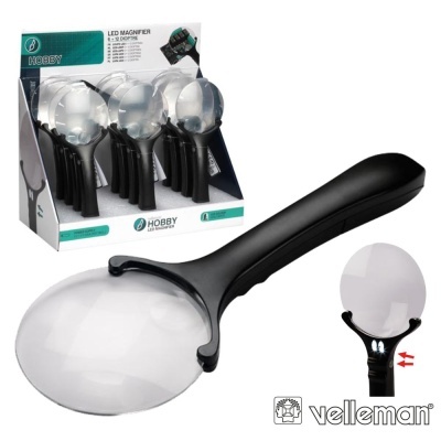 Lupa preta com lente grande transparente com luz LED em embalagem de exposição com várias unidades.