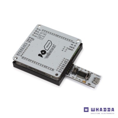 Placa eletrónica cinza e negra com microcontrolador e ligação USB