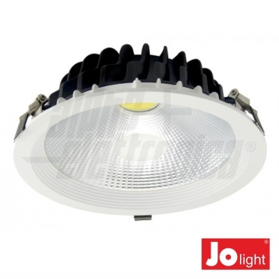 Luz LED embutida branca com dissipador preto e logótipo Jo light