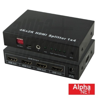 Dispositivo preto HDMI Splitter 1x4 com várias portas HDMI e luzes LED
