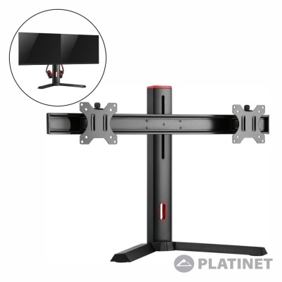 Suporte duplo para monitores preto com detalhes vermelhos e base tripé