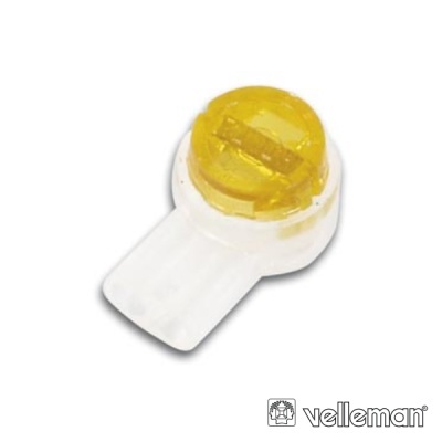 Conector eletrónico branco e amarelo em fundo branco com logótipo Velleman.