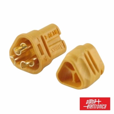 Conector elétrico amarelo com três pinos de metal e cobertura de plástico