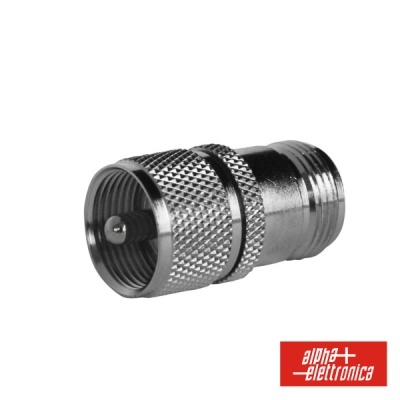 Adaptador coaxial metálico prateado com textura e logo alfa elettronica