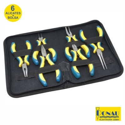 Conjunto de 6 alicates azuis e amarelos numa bolsa preta com etiqueta amarela