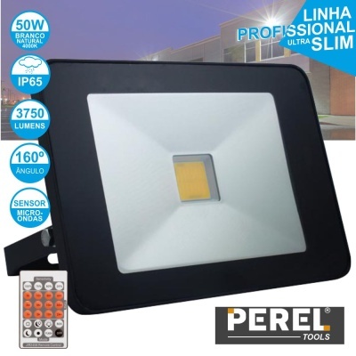 Projetor LED preto com comando remoto e texto técnico