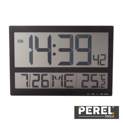 Relógio digital de parede com horas, data, dia da semana e temperatura