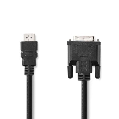 Cabo preto com conector HDMI e conector DVI em fundo branco