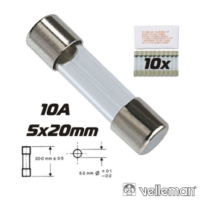Fusível de vidro 10A 5x20mm com embalagem e ilustração técnica