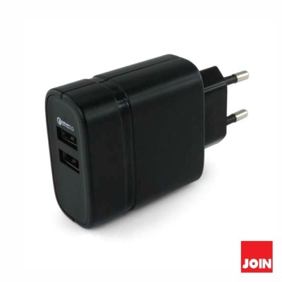 Carregador de parede preto com duas portas USB e símbolo Quick Charge