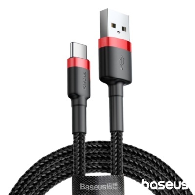 Cabo USB Baseus preto com detalhes vermelhos e revestimento trançado