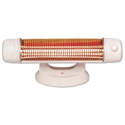 Aquecedor compacto branco com grelha metálica dourada e botão de controlo na base