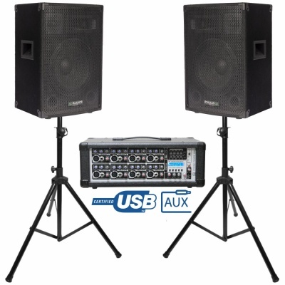 Conjunto de som com colunas e mixer, etiquetas USB e AUX