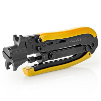 Alicate descarnador de fios preto com empunhadura amarela e inscrição Nedis