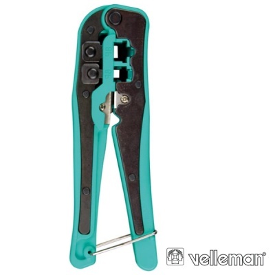 Alicate crimpar azul turquesa com parte metálica preta e logo velleman