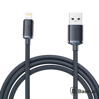 Cabo USB e Lightning Baseus preto com revestimento em malha e conectores metálicos.