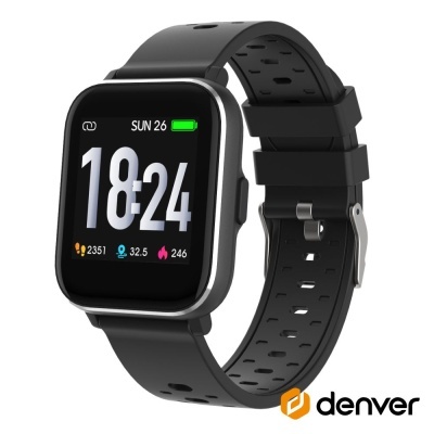 Relógio inteligente preto com ecrã digital a cores e pulseira perfurada