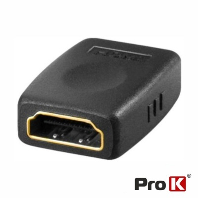 Adaptador HDMI fêmea preto com borda dourada e logótipo Pro K