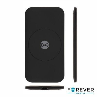 Carregador sem fios preto vista múltipla com símbolo infinito central e logo Forever Mobile