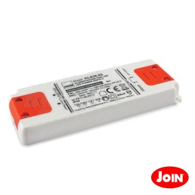 Transformador LED branco e laranja Join com etiqueta de especificações no centro.