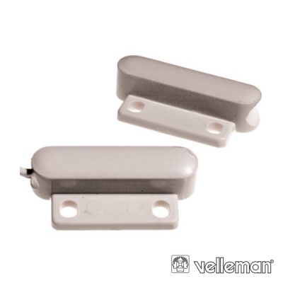 Sensor magnético de alarme de portas em plástico branco com duas peças arredondadas